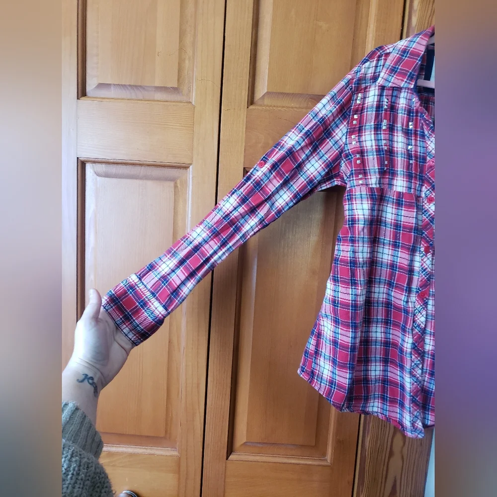 Girls Justice Red White Blue Patriotic Studded Plaid Button Up Tunic Shirt 12